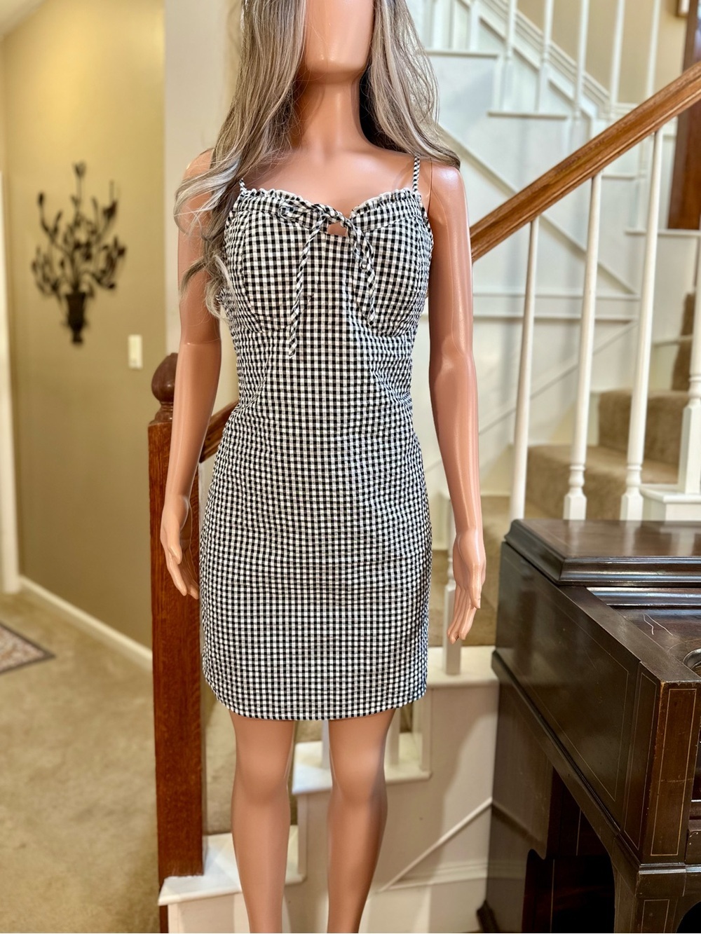 Black White Gingham Tie-Front Spaghetti Strap Dress